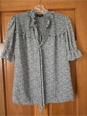 Pleione Gray Smocked Ruffle Tie-Neck Blouse